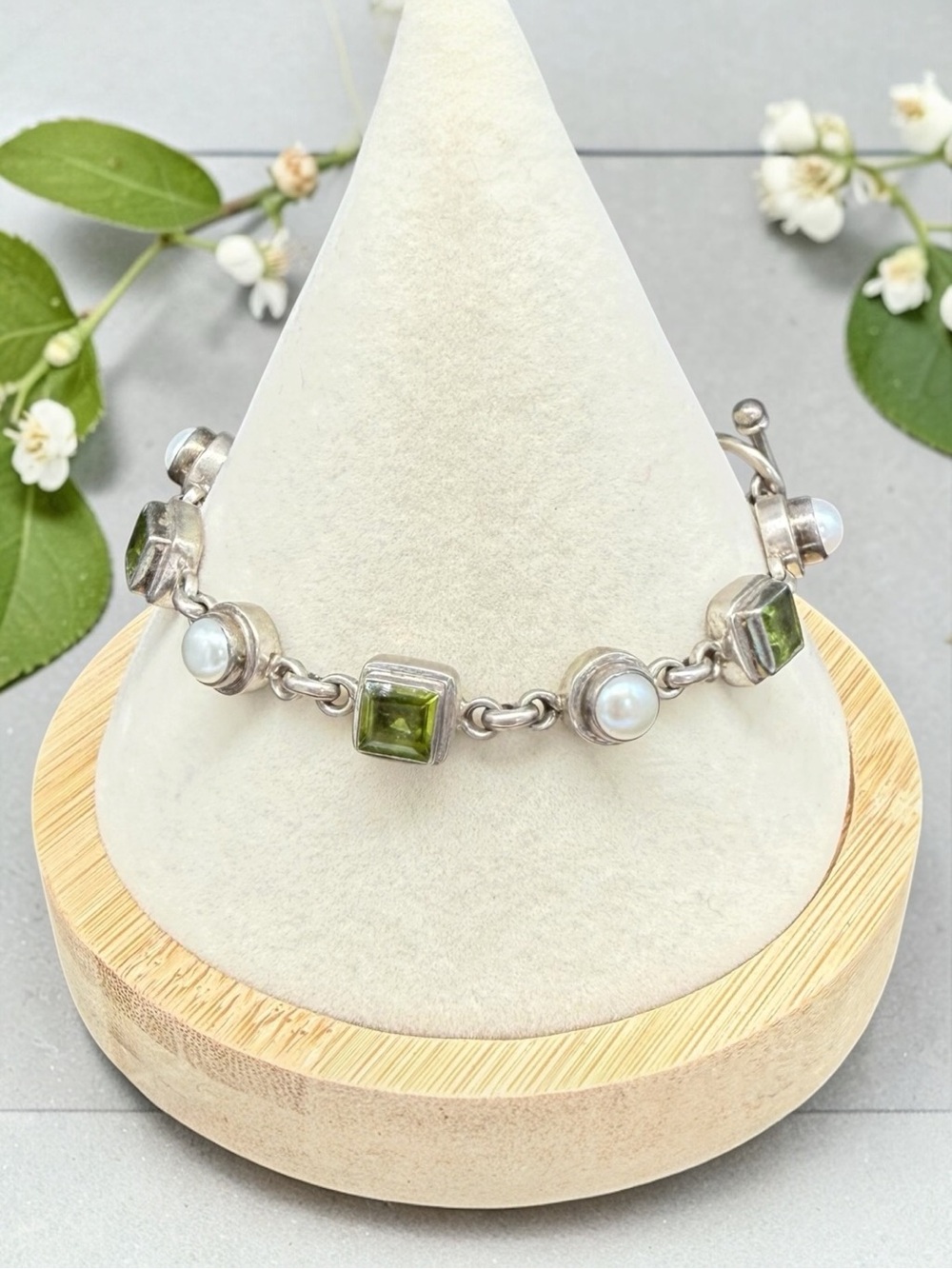 Vintage Sterling Silver Bezel Set Peridot Pearl Toggle Link Bracelet 20.7g